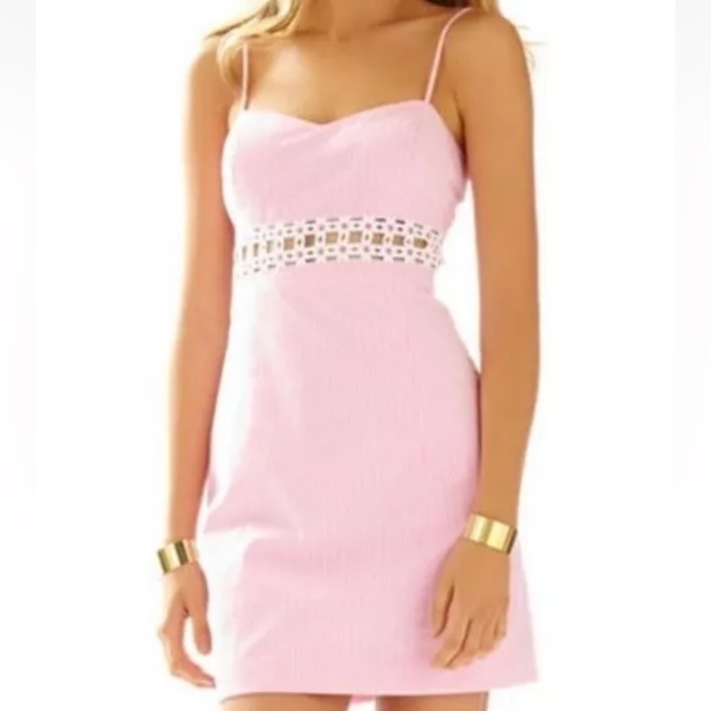 Lilly Pulitzer Sheena dress: Pink and White Striped Dress with Floral Detail